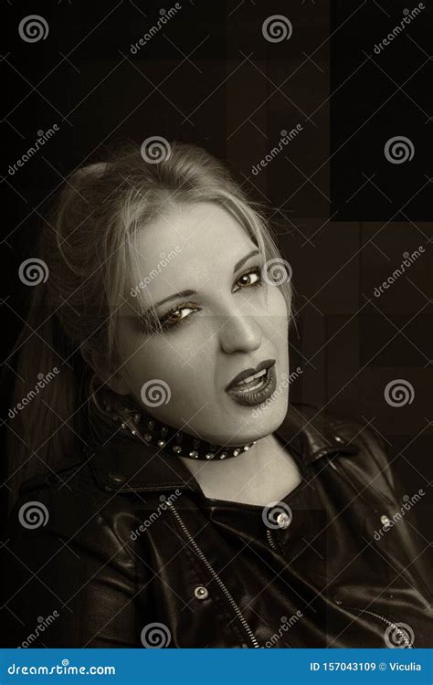 Beautiful Blonde Girl In Rock Style On A Black Background Stock Image Image Of Black