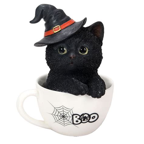 Halloween Witchess Black Kitten Cat In Tea Cup Collectible Figurine