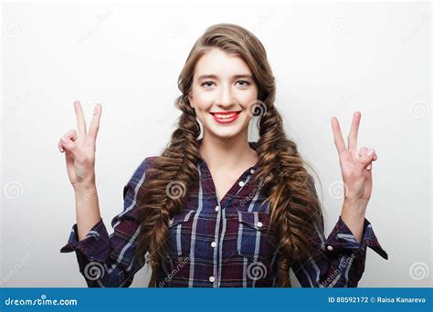 Woman Showing Victory Or Peace Sign Stock Photo Image Of Gorgeous