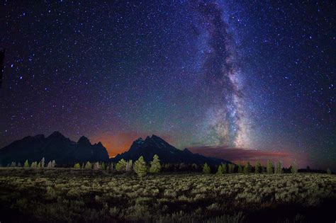 Starry Night Night Stars Landscape Milky Way Trees Mountain