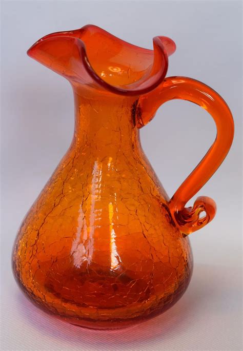 Vintage Tangerine Orange Crackle Glass Small Pitcher 15 Tangerine Orange Crackle Glass