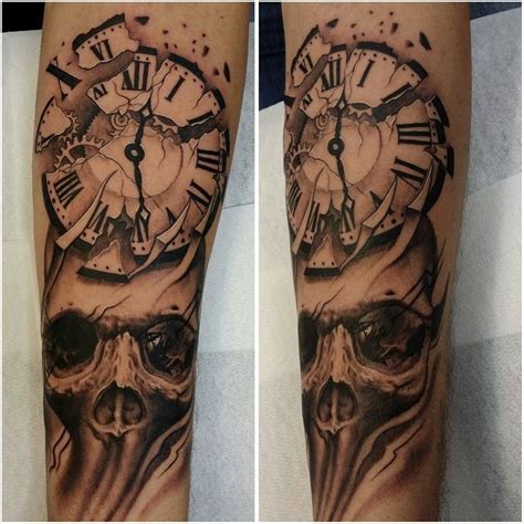 Skull And Clock Half Sleeve Tattoos