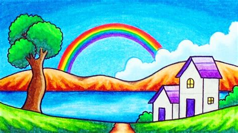 How To Draw Easy Scenery Drawing Rainbow In The Village Scenery Step
