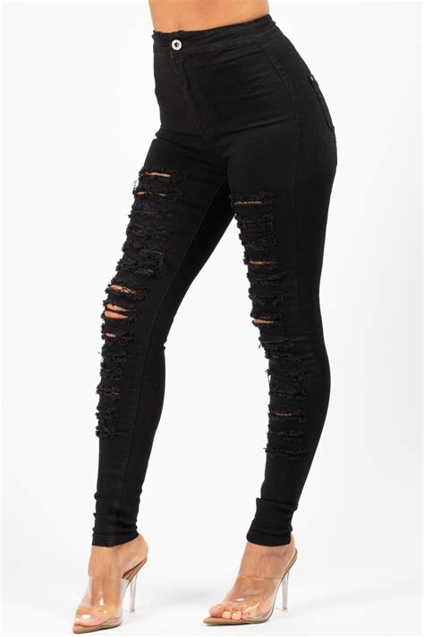 womens black ripped skinny jeans high waisted uk