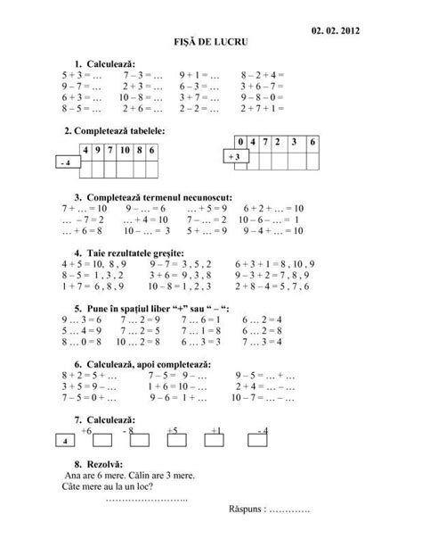 Fise Matematica Dificultate Ridicata 5 7 Ani Matematică Clasa întâi Clasa A Patra