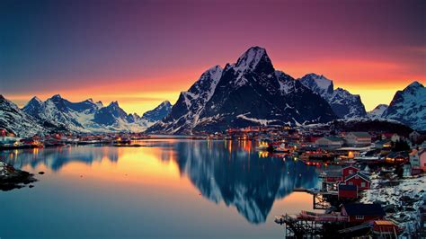 Wallpaper : landscape, sunset, lake, reflection, sunrise, Norway, village, evening, morning ...