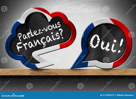 parlez vous francais and oui two speech bubbles on wooden shelf stock illustration