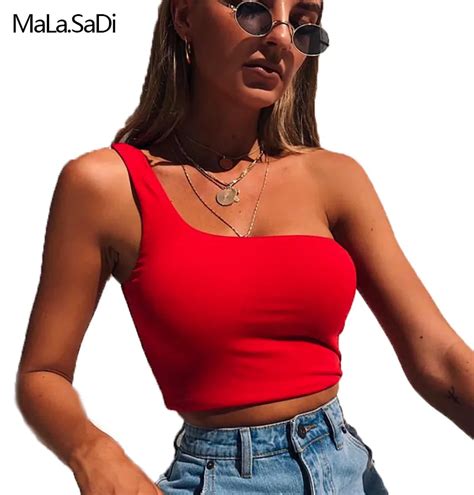 Fashion Red One Shoulder Strapless Tank Top Sex Sleeveless Backless Slim Summer Short Crop Top