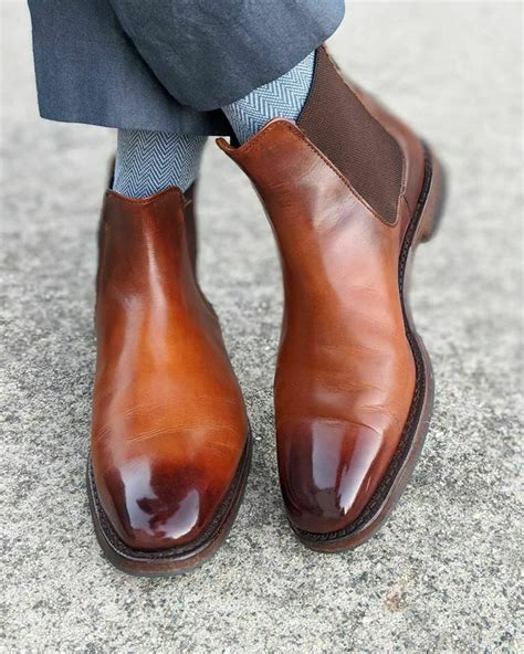 Handmade Mens Brown Burnish Toe Leather Chelsea Boots Men Ankle