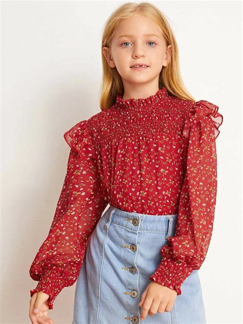 Girls Ruffle Trim Shirred Ditsy Floral Top Shein Usa Ditsy Floral