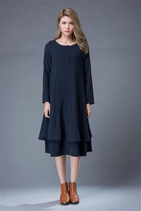 Navy Linen Dress Blue Linen Midi Summer Dress Long Sleeved Etsy