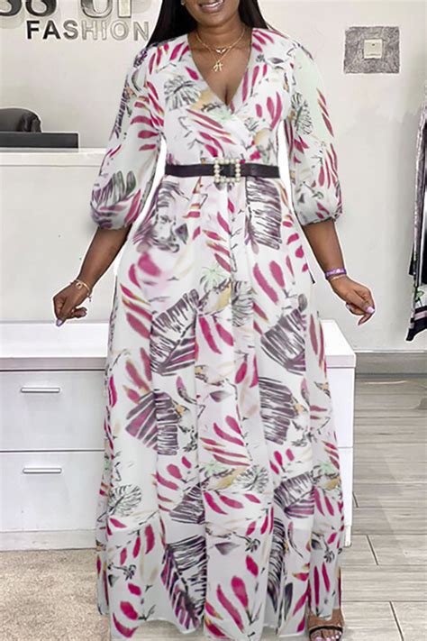 Pink Fashion Casual Print With Belt V Neck Long Sleeve Plus Size