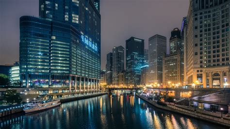 Chicago Usa City Night River Reflection Building Wallpapers Hd