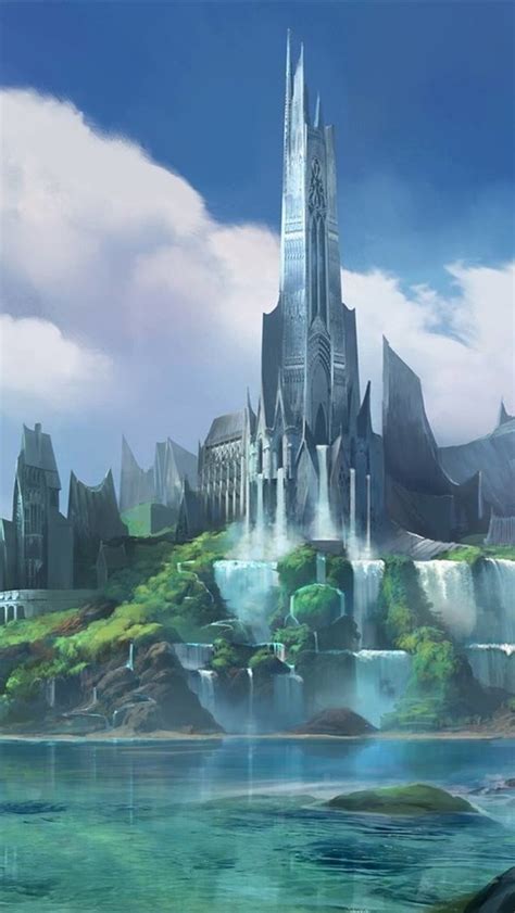 Fantasy City Castle Bridge River Waterfall Art Picture 640x1136