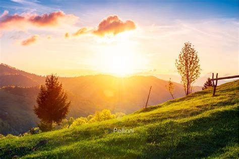 The Sun Is Setting Over A Grassy Hill With Trees And Mountains In The