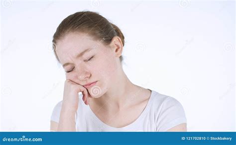 Tired Sleeping Gesture By Young Woman White Background Stock Photo