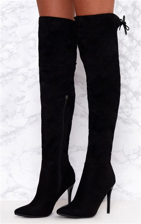 Black Faux Suede Lace Up Back Thigh High Boots Footwear