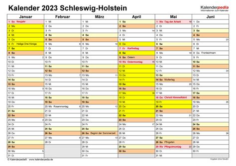 Kalender 2023 Schleswig Holstein Ferien Feiertage Word Vorlagen
