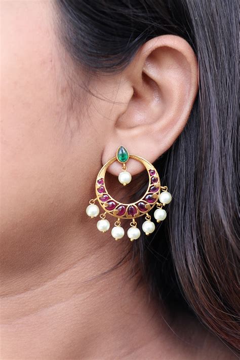 Imitation Real Kemp Stone Chandbali Earrings South India Jewels