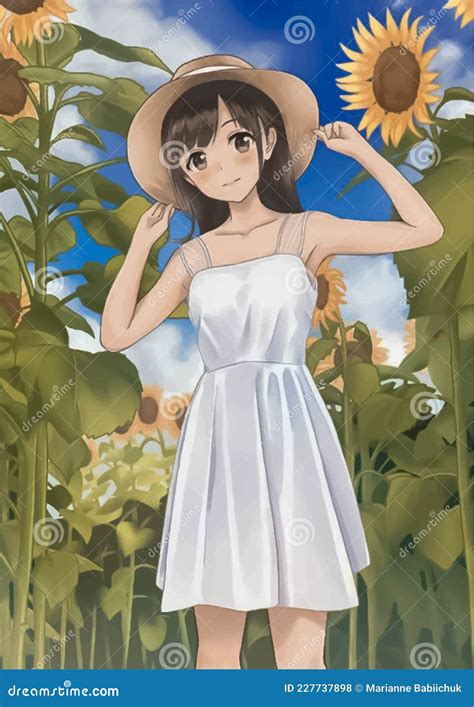 Linda Chica De Anime Con Un Sombrero Sobre Un Fondo De Girasoles Y