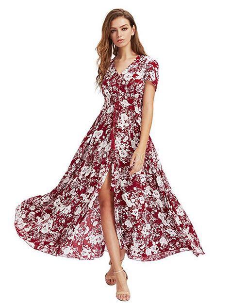 Button Down Maxi Dress Floral Chiffon V Neck Short Sleeve Summer Dress