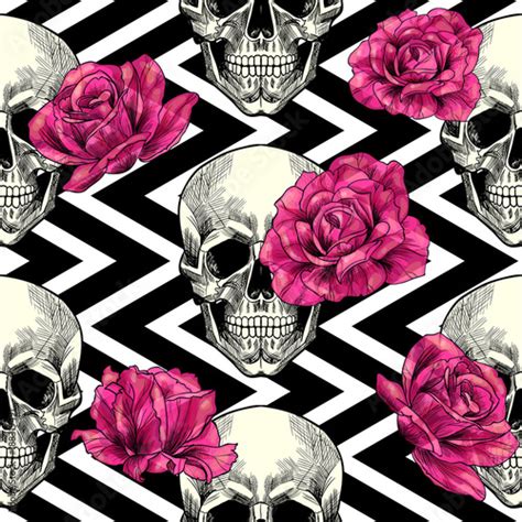 Skull And Pink Roses On A Geometric Background Vector Seamless Pattern