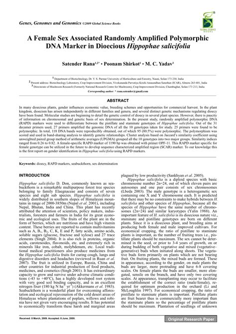 Pdf A Female Sex Associated Randomly Amplified Polymorphic Dna Marker
