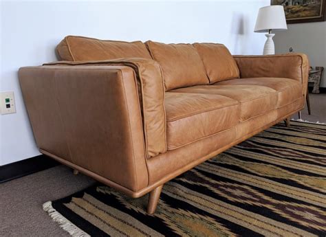 Mid Century Modern Style Contemporary Tan Leather Sofa Epoch