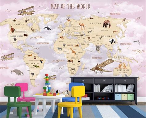 Wall World Map Kids Room Wallpaper Children Map Of The World Etsy Images