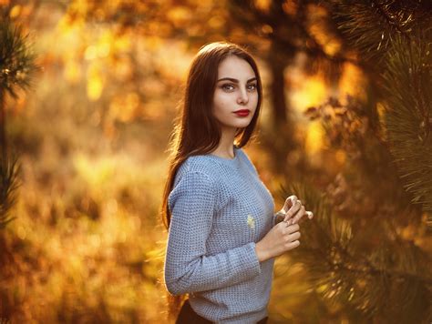 wallpaper model brunette long hair portrait fall leaves forest looking at viewer red