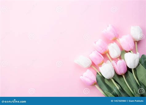 Happy Mothers Day Concept Top View Of White And Pink Tulip Flowers On