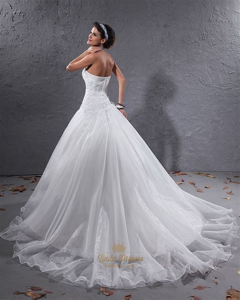 white strapless beaded lace applique organza wedding dress corset back linda dress