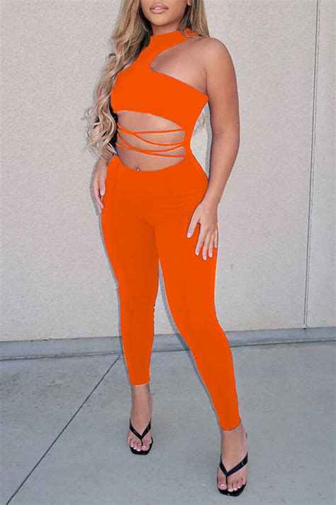 Tangerine Sexy Solid Patchwork Halter Skinny Jumpsuitsjumpsuits Knowfashionstyle Wholesale