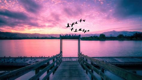 Lake Dock Sunset Beautiful Scenery 4k 6950 Wallpaper