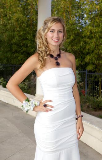 Beautiful Blond Teenage Girl With White Prom Dress Stock Photo