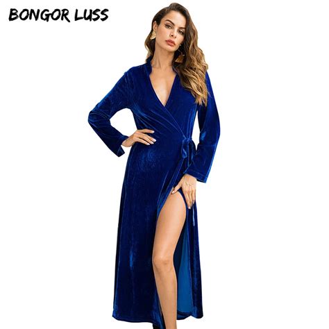 Bongor Luss Wrap V Neck Split Women Long Dress Velvet Long Sleeve Waist Bow Tie Winter Maxi
