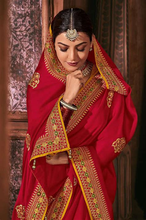 Buy Cherry Red Silk Embroidered Saree Online Like A Diva
