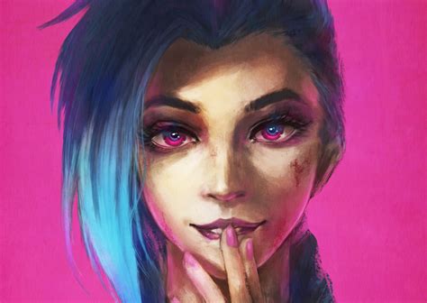Download Jinx League Of Legends Blue Hair Pink Eyes Face Video Game