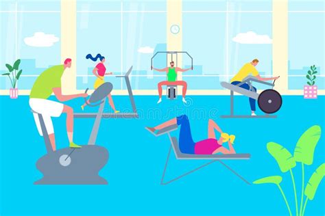 People Training In Gym Cartoon Characters Working Out Active Sport