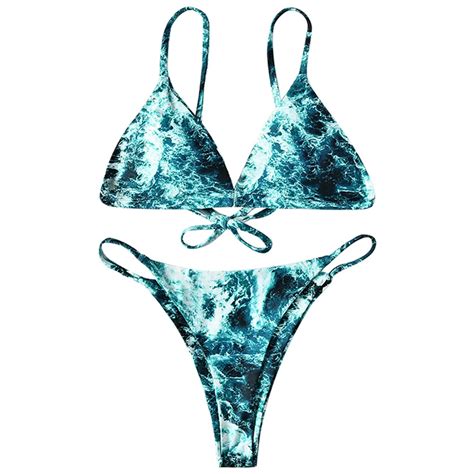 Sexy Women Print Bandage Hollow Swimwear Halter 2020 Thong Swimsuit Beach Bikini Set Beachwear