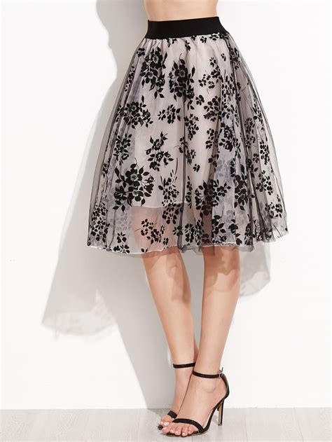 Shop Floral Print Sheer Organza Contrast Elastic Waist Skirt Online
