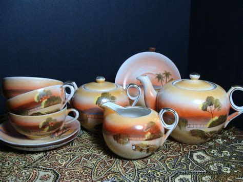 Vintage Hand Painted Japan Porcelain Tea Set Palm Trees Beach Retro