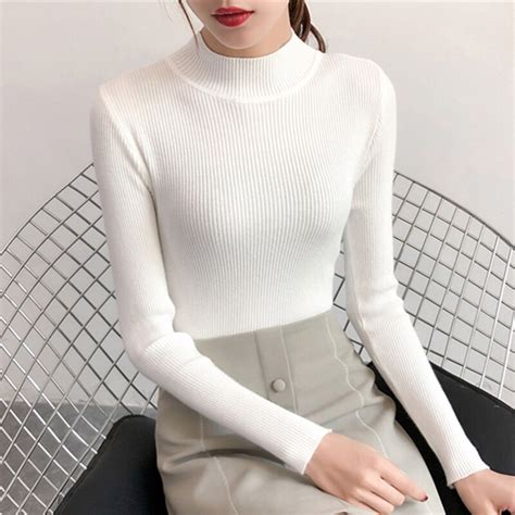 On Sale 2019 Winter Women Ladies Sweater High Elastic Solid Half Turtleneck Sweater Women Slim