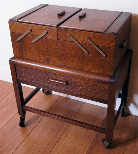 Vintage Cantilever Wooden Sewing Box On Wheels With Drawer Circa 1930