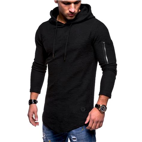 Mens Hooded T Shirt Slim Fit Cotton Long Sleeve Casual Zipper Arm T