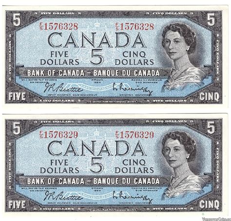 2 X 1954 Canada 5 Consecutive Banknotes Unc62 Professional Dealers
