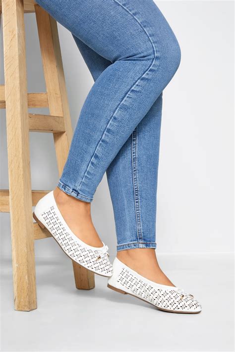 White Laser Cut Ballerina Pumps In Extra Wide Fit Yours Clothing