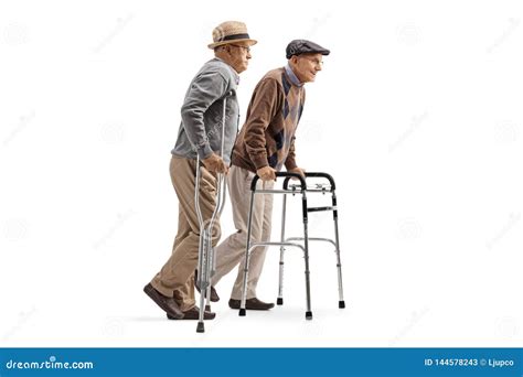 Two Elderly Men Walking With Crutches And Walker Stock Image Image Of Care Lifestyle 144578243