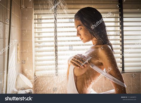Portrait Sexy Woman Shower Drops Splash Stock Photo