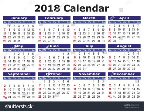 Year 2018 Calendar Stock Vector Royalty Free 573341914 Shutterstock